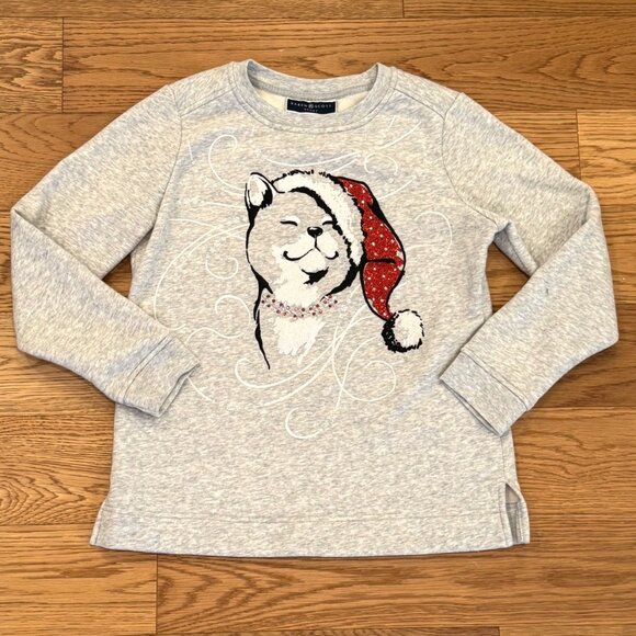 Karen Scott Christmas Cat Graphic Sweatshirt Gray with Red Glitter Size XS Cozy - Picture 5 of 5